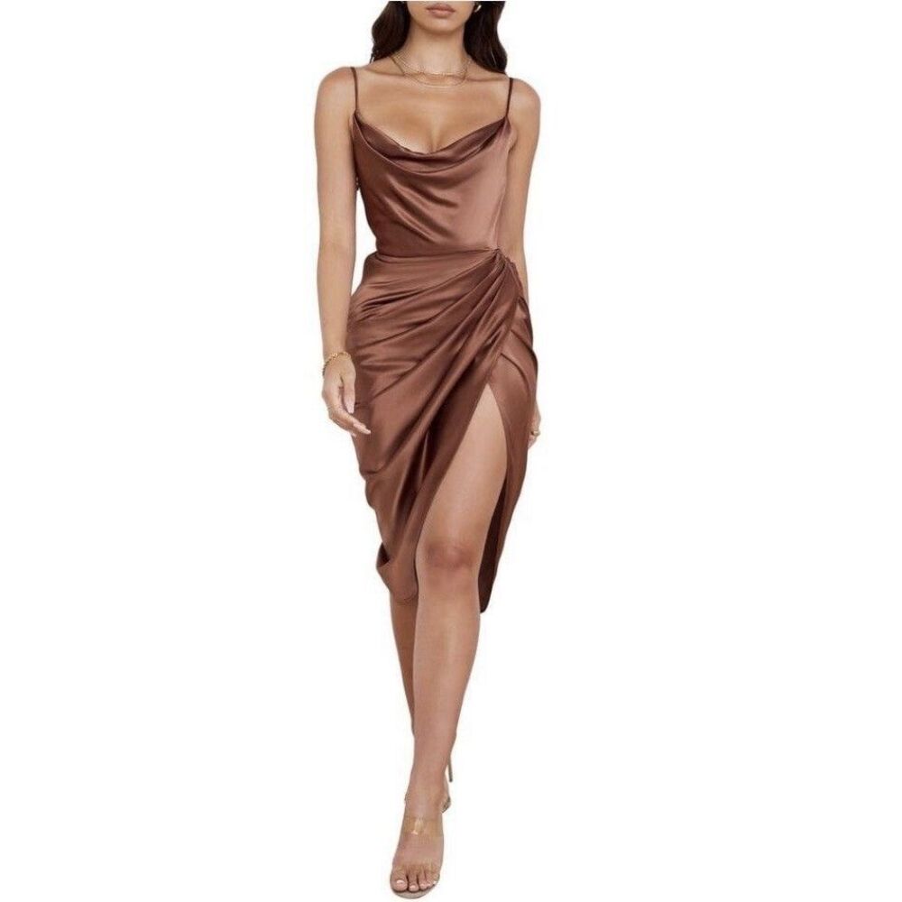 House of CB Reva Satin Corset Dress Brown Chocolate Cowl Neck Draped Midi Size S